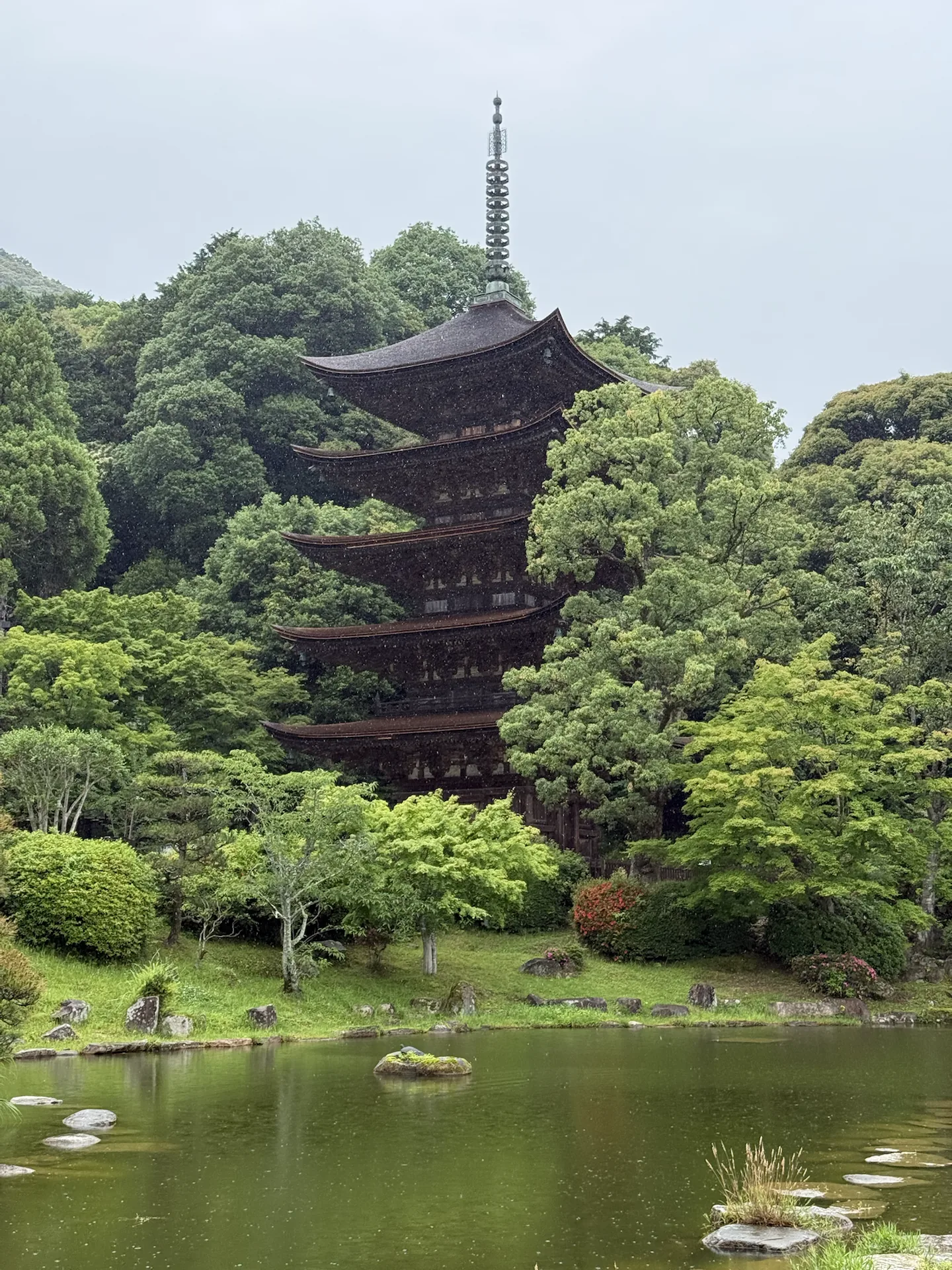 山口琉璃光寺五重塔，掩映在新绿与池水之间
